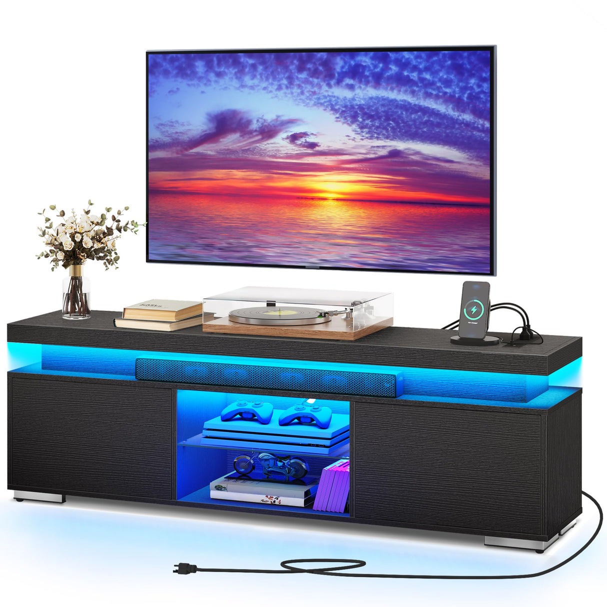 YITAHOME Black TV Stand for 65 inch TV, Entertainment Center with Storage, Modern LED TV Stand w/Power Outlets for Living Room, TV Console Media Cabinet, Black YITAHOME