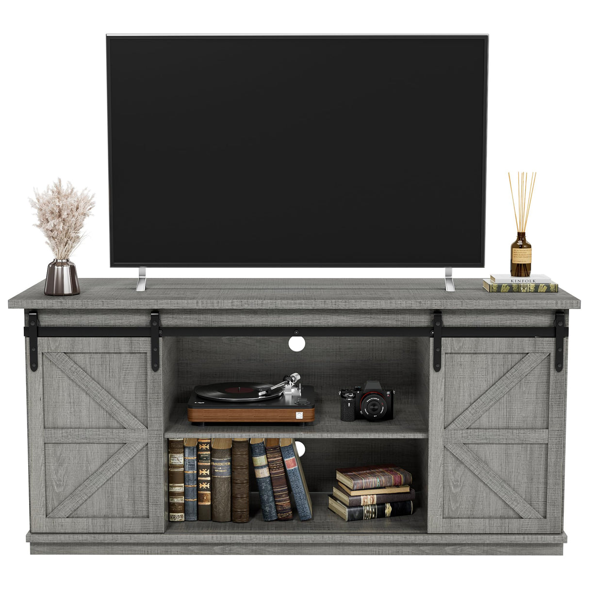 JUMMICO TV Stand for 65 Inch TV, Entertainment Center with Storage Cabinets and Sliding Barn Doors, Mid Century Modern Media TV Console Table for Living Room Bedroom (Pale Gray) JUMMICO