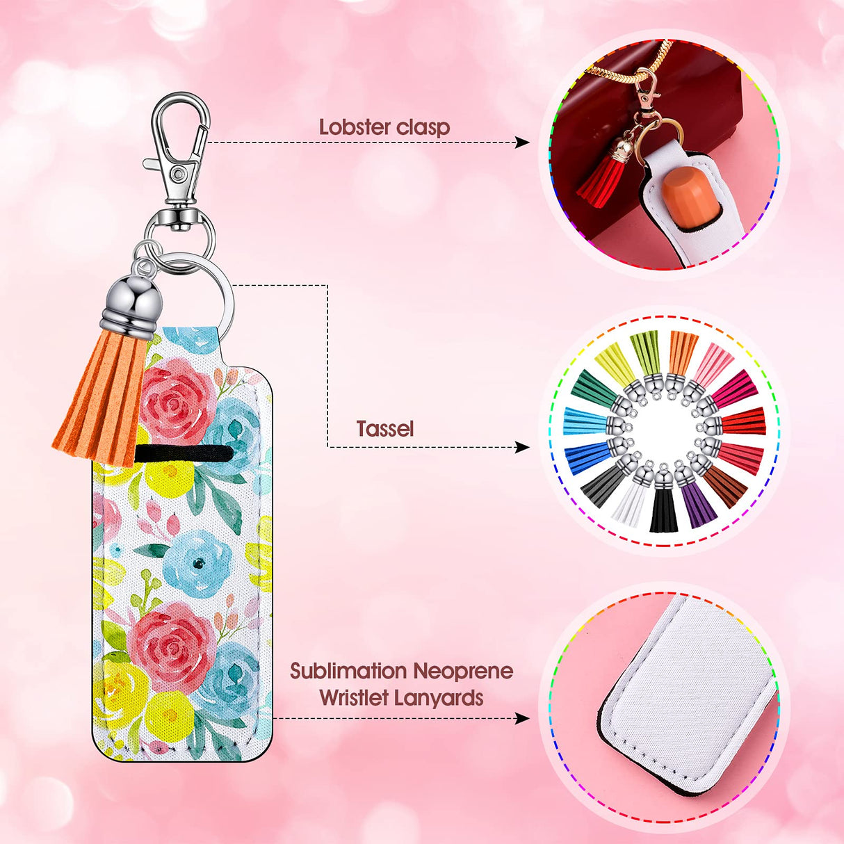 Jetec Sublimation Lipstick Holder Set Include 15 Pieces Blank Lipstick Keychain Holder 15 Pieces Colorful Keychain Tassels 15 Pieces Swivel Snap Hooks and 15 Pieces Jump Rings for Lipstick, Lip Balm Jetec