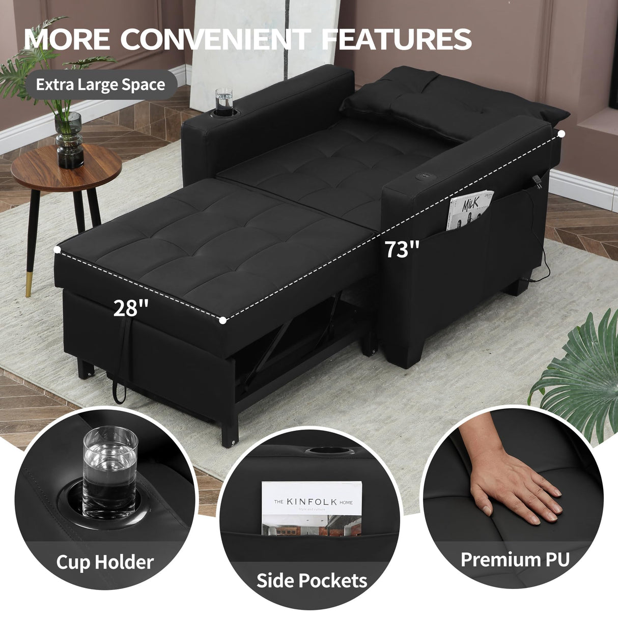 DURASPACE 39 inch Futon Chair Bed Convertible Chair 3-in-1 Pull Out Sleeper Reading Chair Beds with USB, Armchair Sleeper Bed for Living Room, Dorm, Small Space (Black Faux Leather) DURASPACE