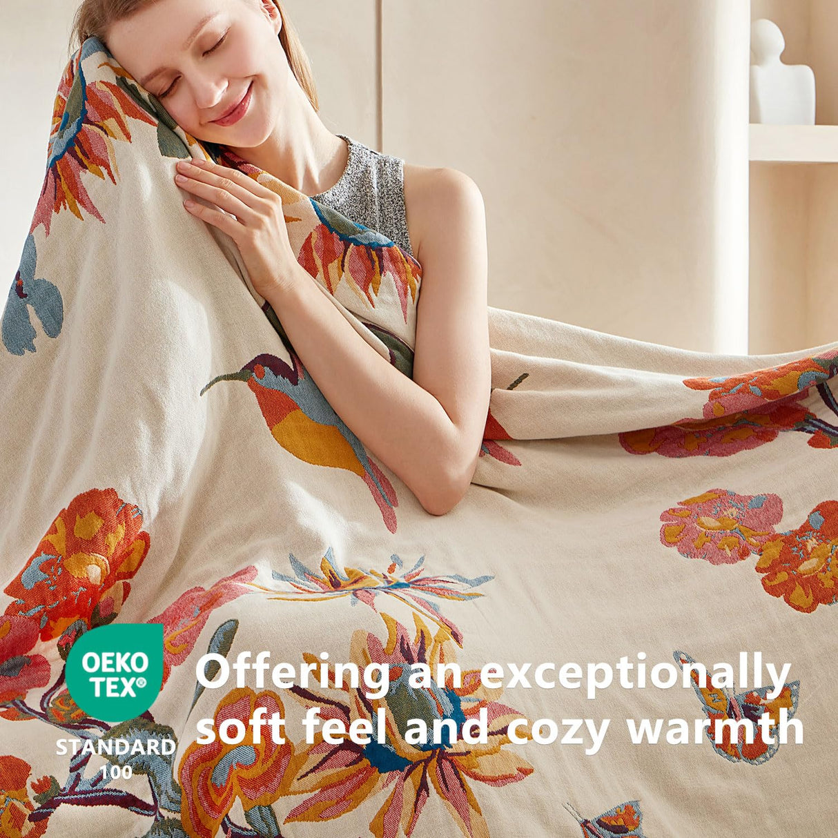 Wzvzss Boho Throw Blanket - 100% Cotton Soft Throw Blanket for Bed, 50"x60" Reversible Breathable Lightweight Fall Blankets, All Seasons Farmhouse Decor Floral Plant Butterfly Throw Quilt Wzvzss