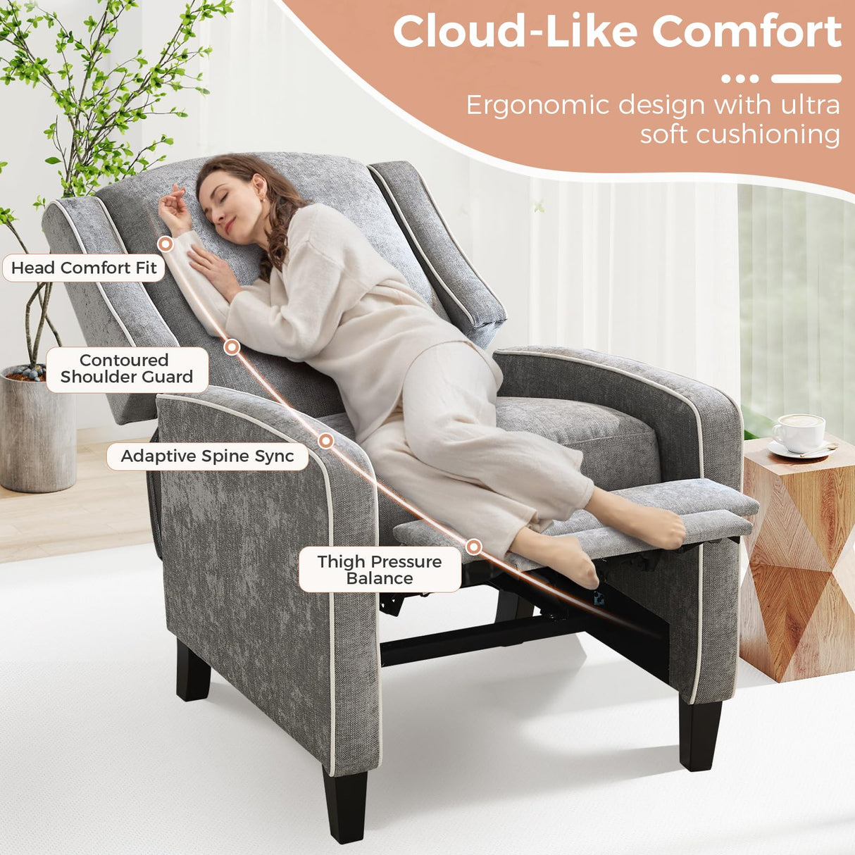 ANJ Push Back Recliner Chair, Soft Fabric Lounge Armchair,Wingback Recliner Single Sofa Chair with Steel-Reinforced Frame,Adjustable Pushback Chair for Living Room, Grey ANJ