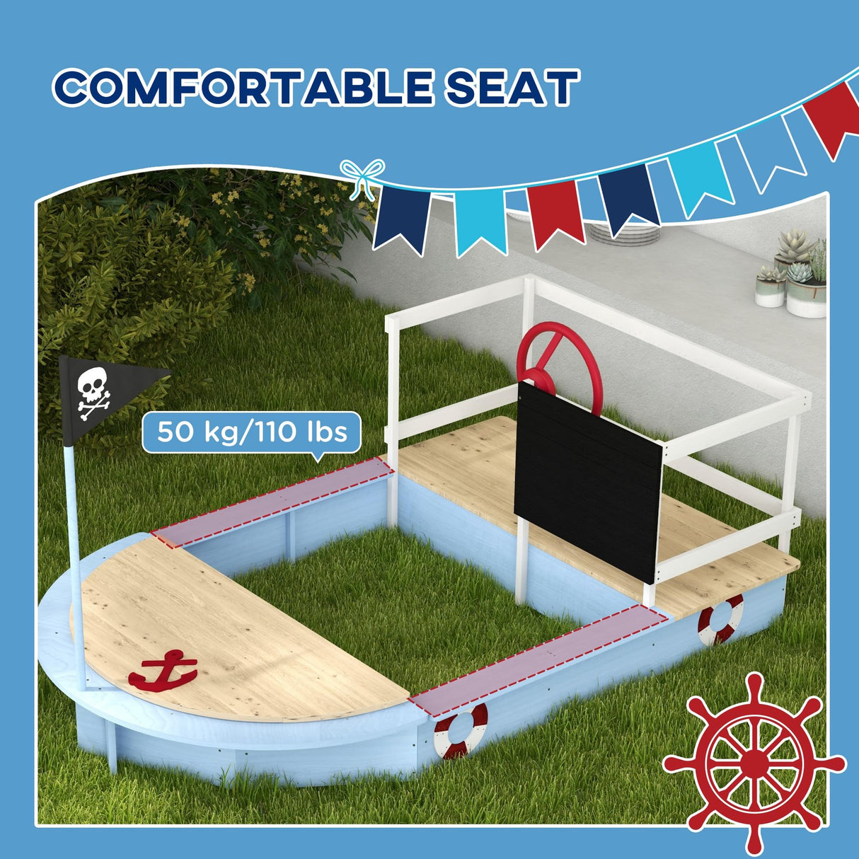 Outsunny Wooden Sandbox, Kids Pirate Ship Outdoor Sandbox with Blackboard, Flag, Rudder, Anchor Sign, Storage Deck, Sand Pit for Toddler 3-7, 68" x 44" x 39", Blue Outsunny
