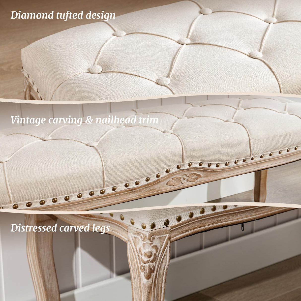 Cozyman Bedroom Bench, French Vintage Tufted Entryway Bench, 45.2" Carving Upholstered End of Bed Bench with Distressed Wood Legs, Linen Ottoman Bench Seat for Living Room, Foyer, Dining Room, Beige Cozyman