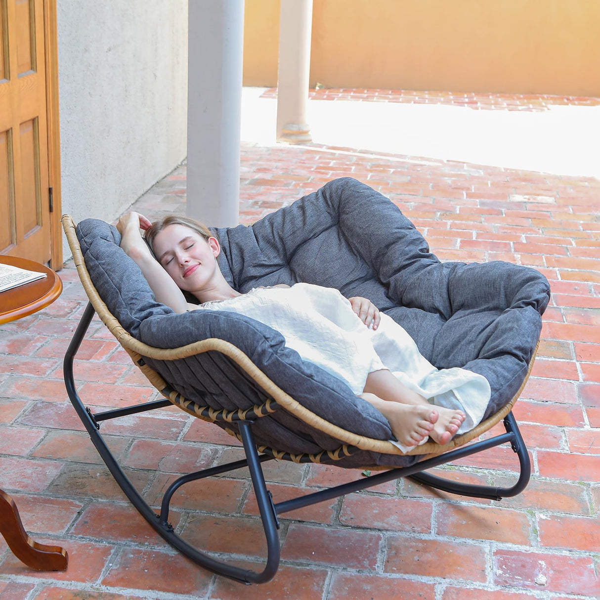 SWITTE Outdoor Rocking Egg Chair, Indoor Papasan, Rattan Wicker Lounge, Modern Royal for Bedroom, Living Room, Porch, Garden, Lawn - Dark Grey SWITTE