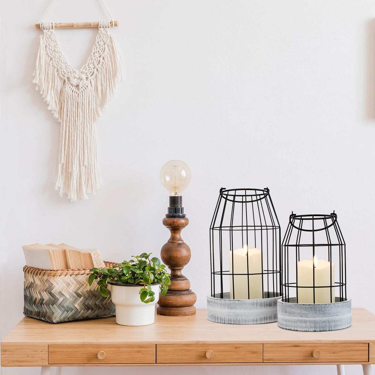 Rustic Farmhouse Lantern Decor Set of 2 - Stylish Decorative Lanterns for Your Living Room, Fireplace Mantle or Kitchen Dining Table - Modern Upscale Beauty for Your Entire Home KIBAGA