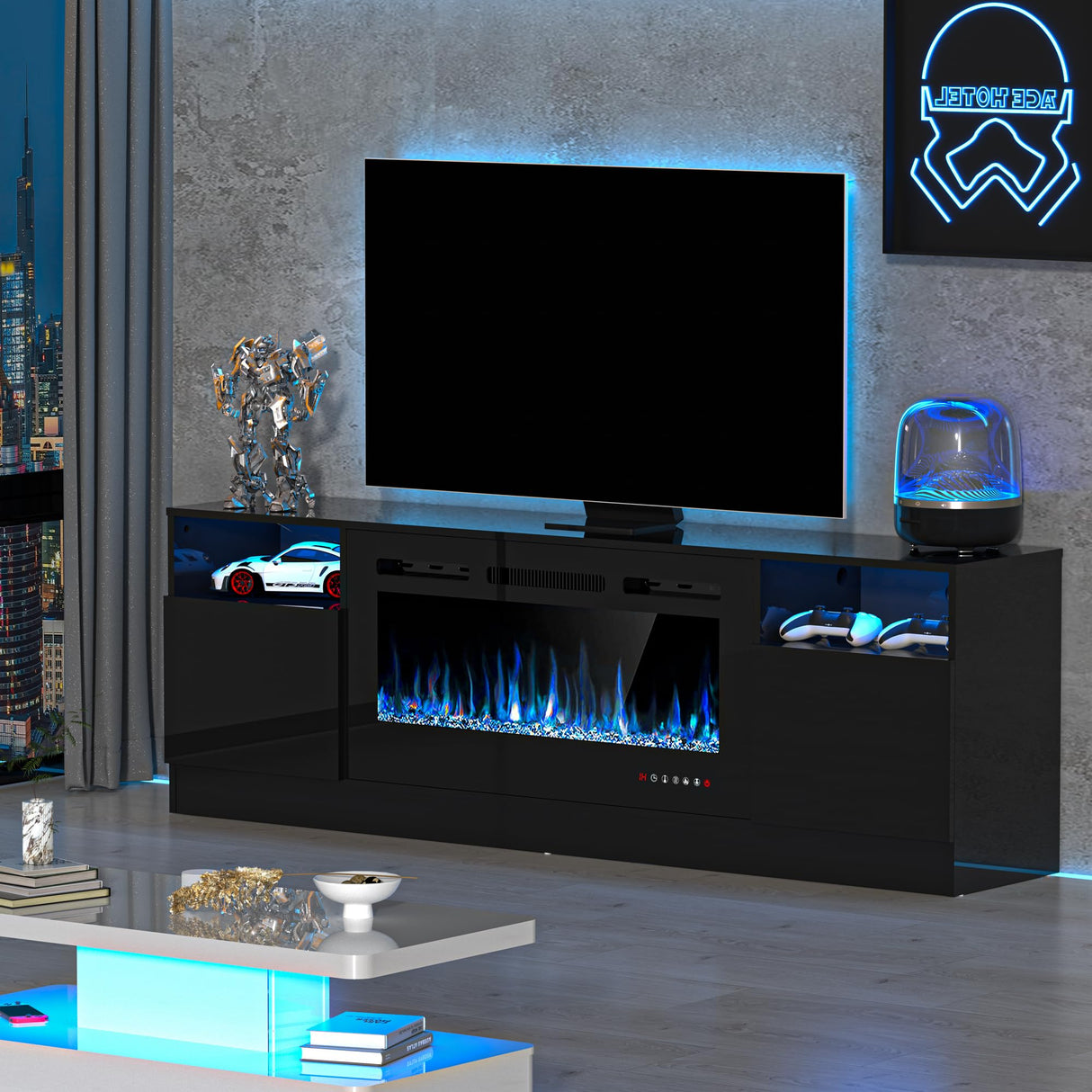 OUTGUAVA Fireplace TV Stand for 80 Inch TV, TV Stand with 36" Fireplace, LED Light Entertainment Center with Storage Cabinets, Media TV Console TV Table for Living Room, Black OUTGUAVA