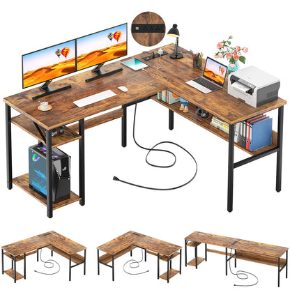 Unikito L Shaped Computer Desk with Magic Power Outlets and USB Charging Ports, Sturdy Reversible Corner Desk with Storage Shelves, Modern Work Desk for Home Office, Easy to Assemble, Rustic Brown