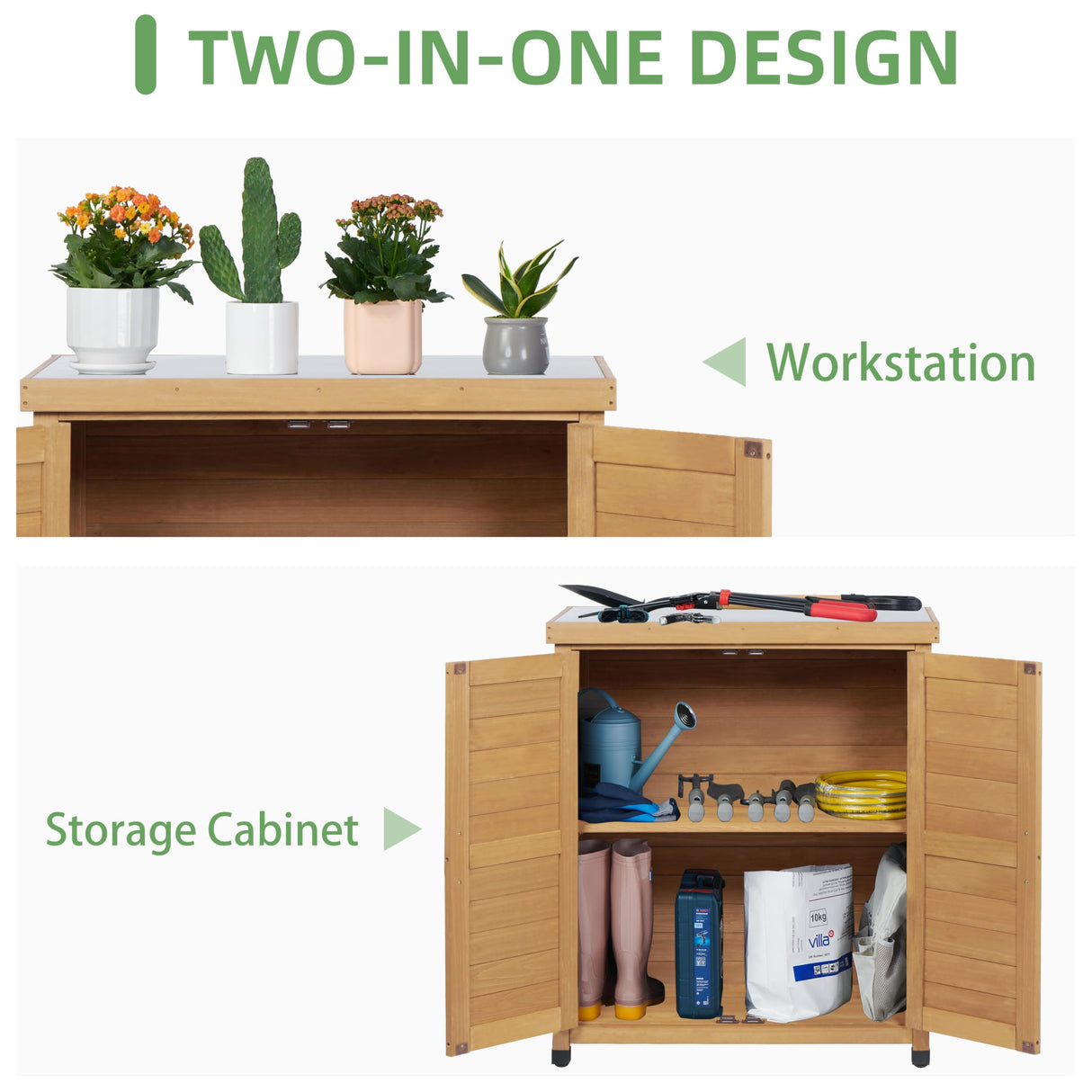 Potting Bench with Storage Cabinet and Metal Table Top for Outdoor Patio, Garden Furniture Wood Workstation Mederla