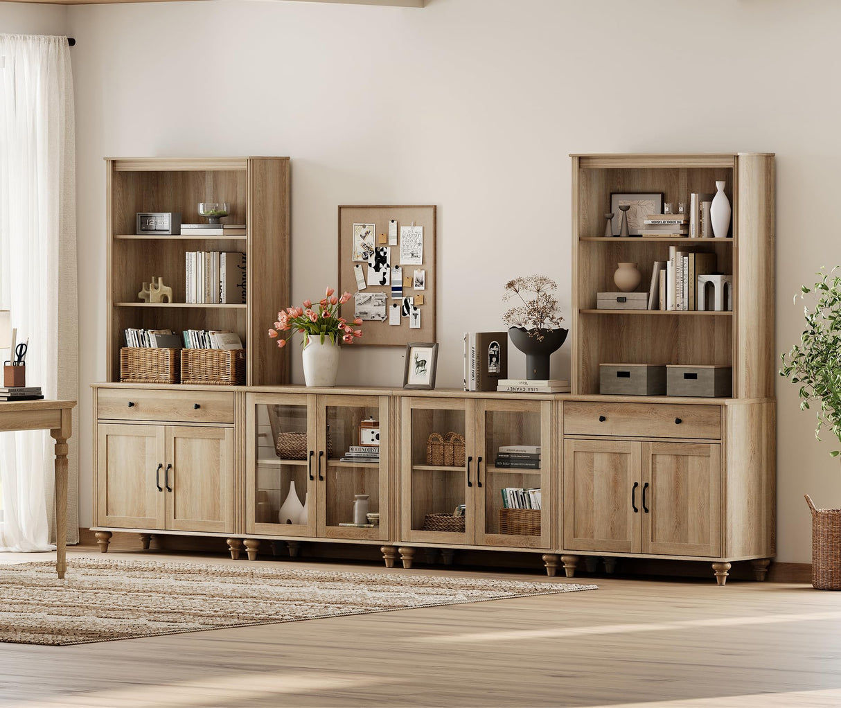 WAMPAT Entertainment Center with Bookshelves for TVs up to 75", Farmhouse Wall Unit TV Stand with Glass Doors & Drawer, Media Console Table for Living Room, Bedroom & Home Theater, Oak WAMPAT