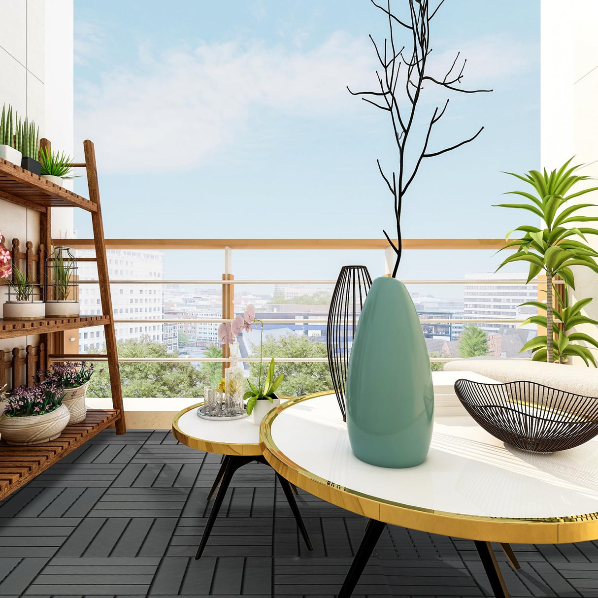 Dyna-Living 60 sq. ft Plastic Interlocking Deck Tiles, 60 Pack, 12"x12" Indoor Outdoor Waterproof Patio Floor Decking Tiles for Balcony, Backyard, Garden & Poolside, All Weather Use, Dark Grey Dyna-Living