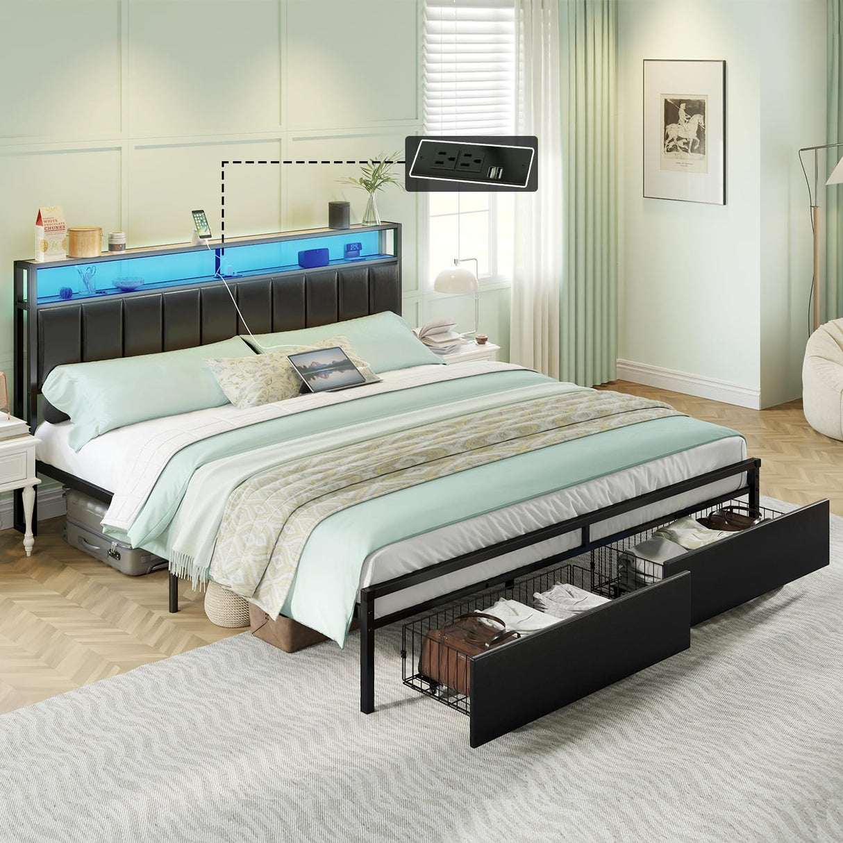 AMERLIFE LED Bed Frame with Drawers, King Platform Bed Frame with 2-Tier Storage & Leather Upholstered & Charging Station Headboard, No Box Spring Needed, Noise Free, Easy Assembly, Black AMERLIFE