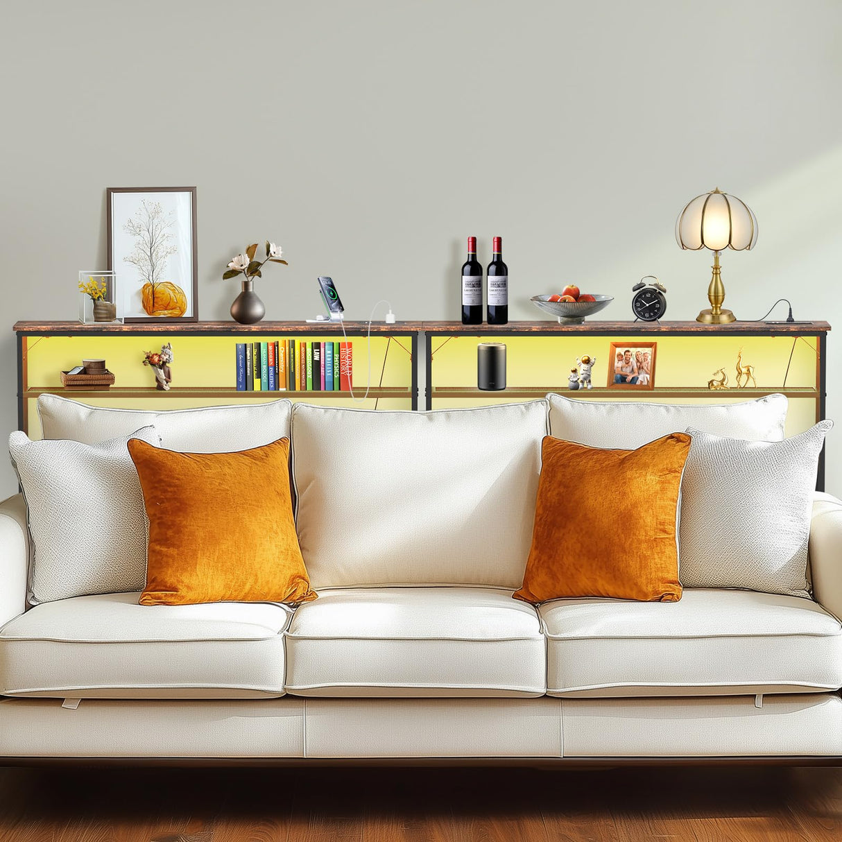 Tatub 78.8" Behind Couch Table with 2 Power Outlets&Led Light, Narrow Console Table Rustic Sofa Table, Industrial 2Tier Skinny Entryway Table with Metal Frame for Living Room - 2 Packs Tatub