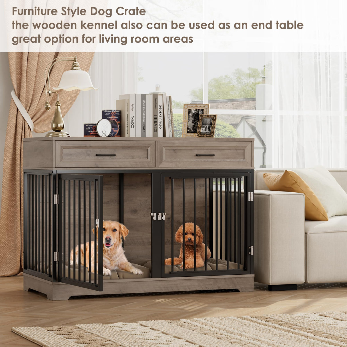 Dog Crate Furniture 47" Wooden Dog Kennels for Dogs Indoor with a Removable Divider for Large/Medium/Small Dogs, 2 Storage Drawers and Large Tabletop Dog Cages Double Doors Dog House, Rustic TTVIEW