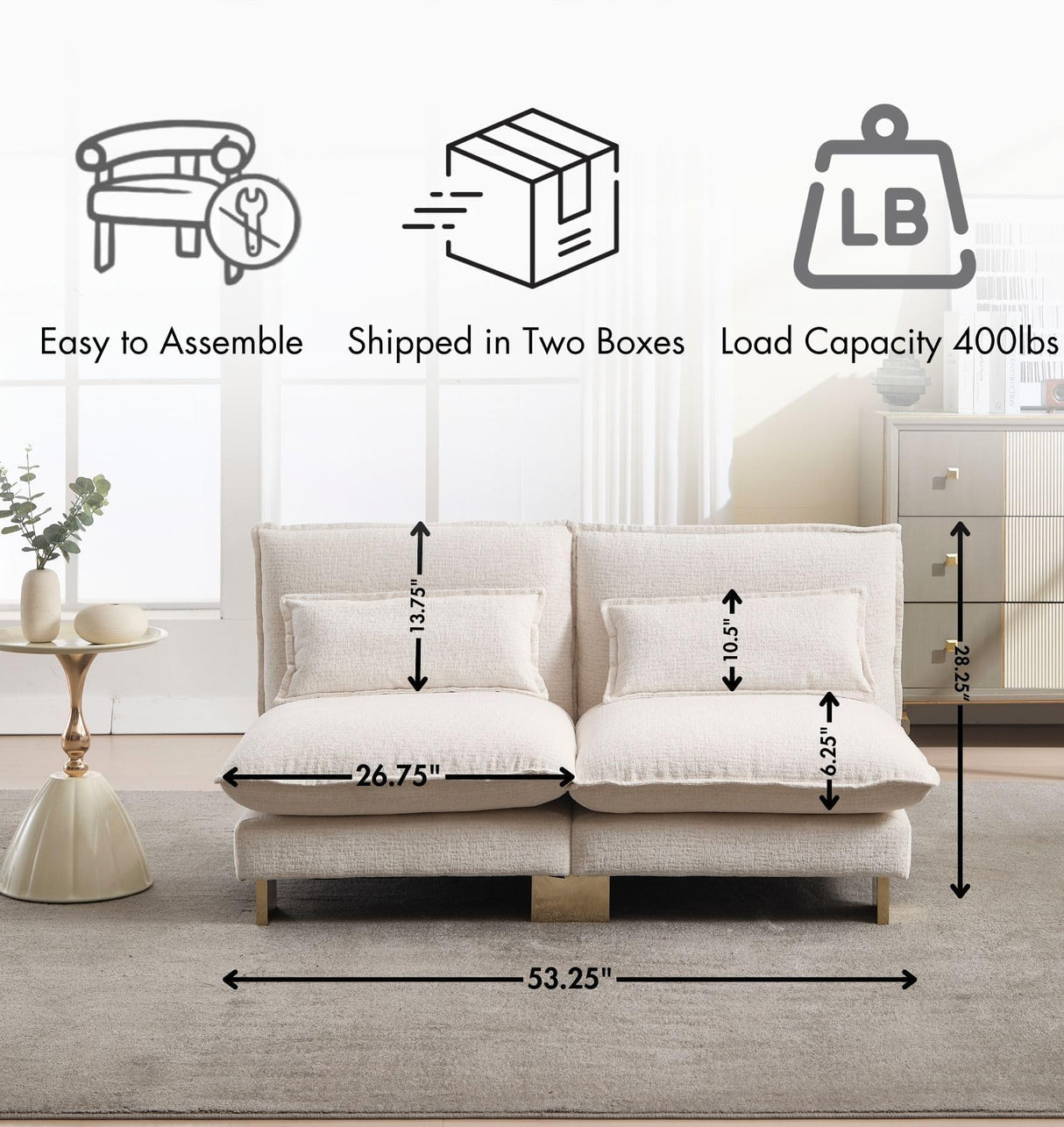 Hyfirm Small Modular Sofa Armless Loveseat, Modern 2-Seats Mini Sofa Couch with Pillows Convertible Love Seat with Gold Legs for Small Spaces Living Room, Beige Chenille Hyfirm