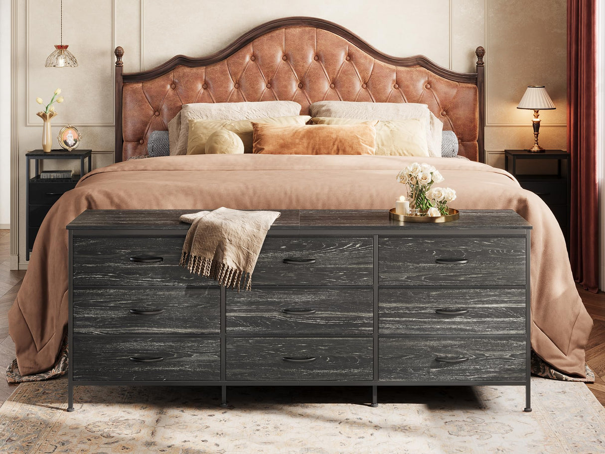 Huuger 9 Drawer Dresser, 63 Inch Dresser TV Stand for 55, 65, 70 Inch TV, Entertainment Center with Drawers, Large Long Fabric Dresser for Bedroom, Closet, Charcoal Black Wood Grain Print,8730D Huuger