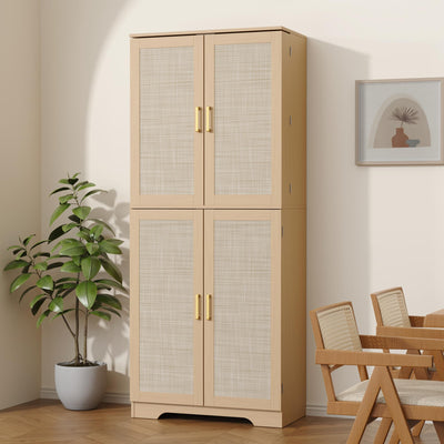 Furnify 72" Tall Kitchen Pantry with Rattan Doors, Storage Cabinet with Organizer, Adjustable Shelves, Wood Freestanding Cupboard for Kitchen, Dining Room, Bathroom and Hallway, Natural Oak