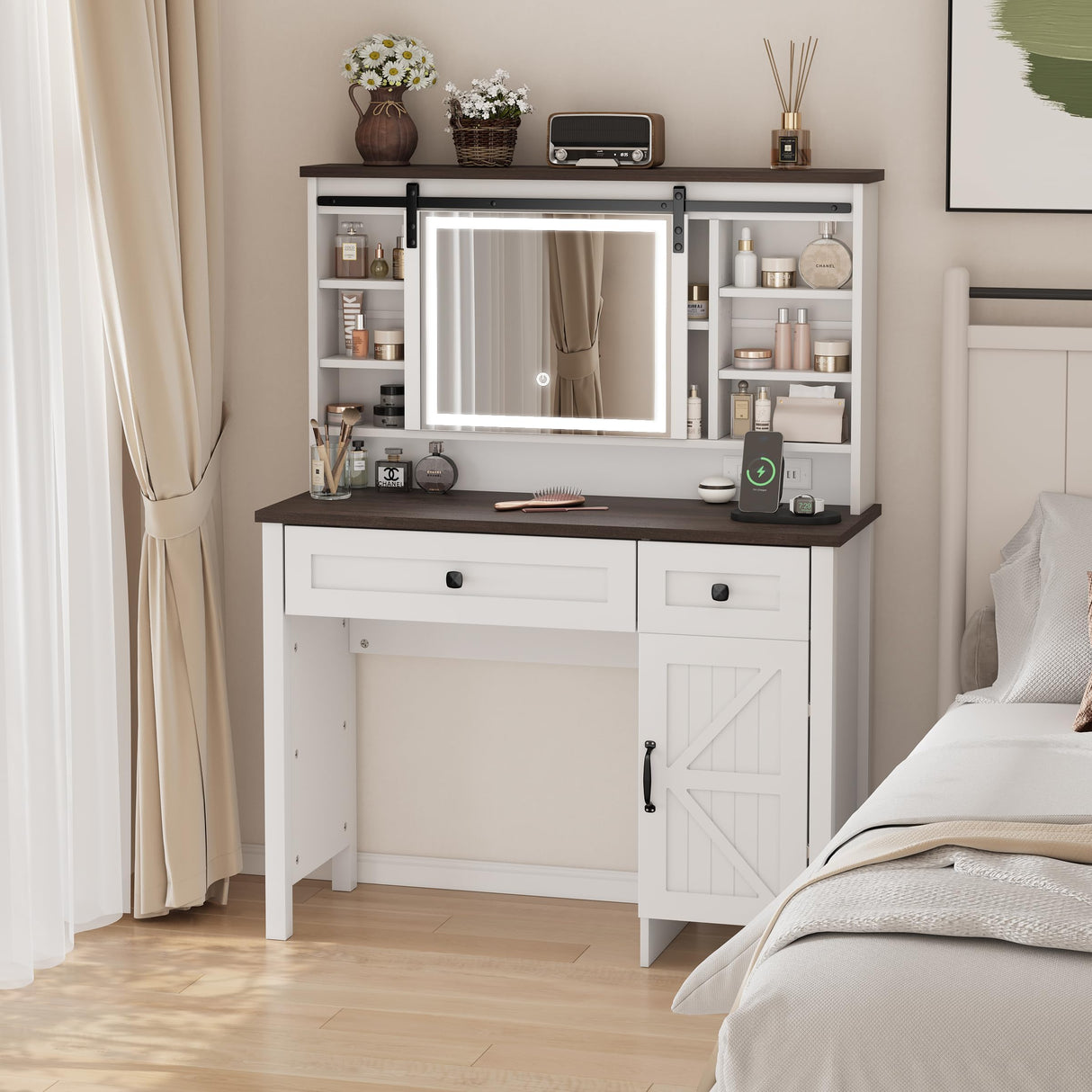 White Makeup Vanity Desk with Power Outlet 42"W Farmhouse Vanity Table with Sliding Mirror and Adjustable 3-Mode Lights Girls Dressing Table with Adjustable Shelves and Side Cabinet for Bedroom Algherohein