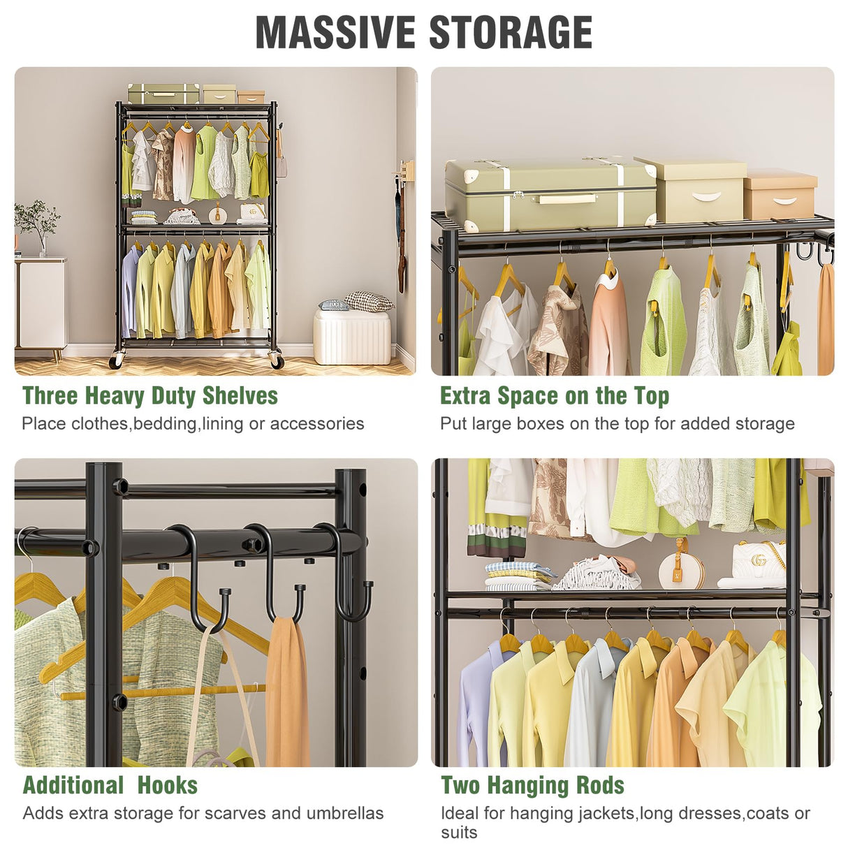 Neatrays Rolling Clothes Rack for Hanging Clothes, Metal Clothing Garment Rack with Double Rods & 3 Wire Shelves, Portable Wardrobe Closet with Wheels Neatrays