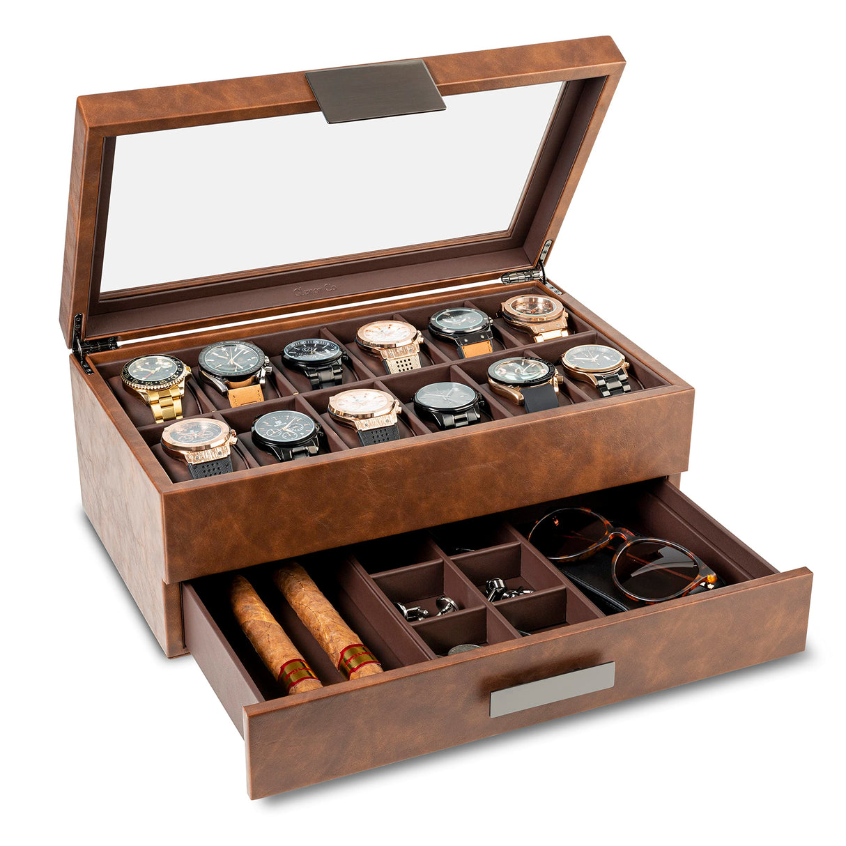 Glenor Co Watch Box with Valet Drawer for Men - 12 Slot Luxury Case Display Watch Organizer, Metal Buckle for Mens Jewelry Watches, Men's Storage Boxes Holder has Large Glass Top - PU Leather Brown Glenor Co
