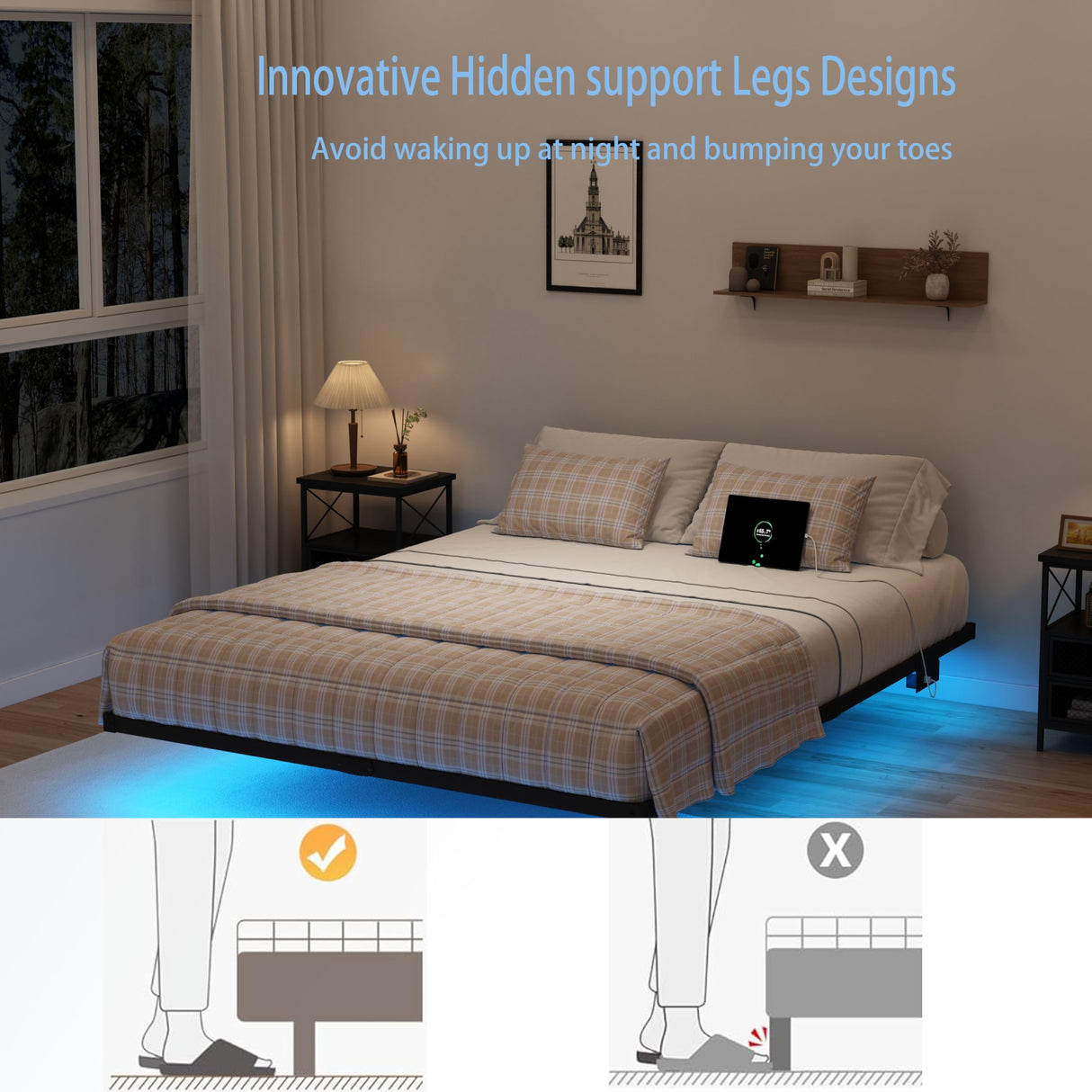 OSASET Floating Bed Frame Full with LED Lights, 10" Metal Platform Bed Frame with Heavy Duty Steel Slats, No Box Spring Needed, Noise-Free, Easy to Assemble OSASET