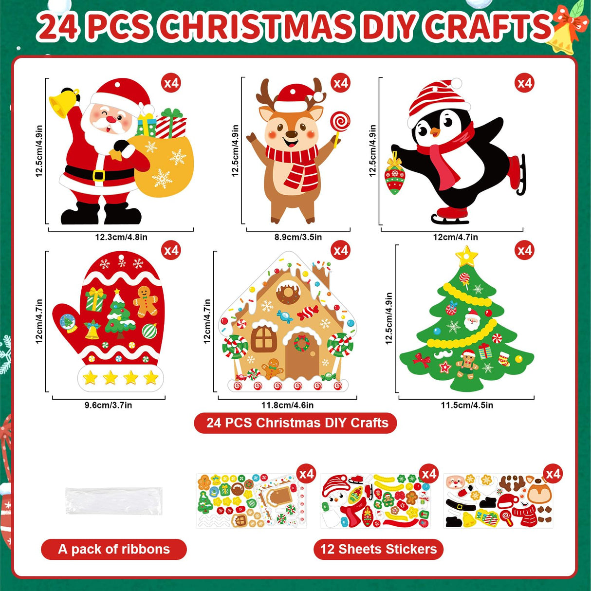 DIY Christmas Craft Kits for Kids, 24Pcs Christmas Tree Ornaments Hanging Craft DIY Santa Claus Gingerbread House Crafts Kit Christmas Penguins Reindeer Gloves Christmas Tree Crafts for Kids (24Pcs) COCHIE