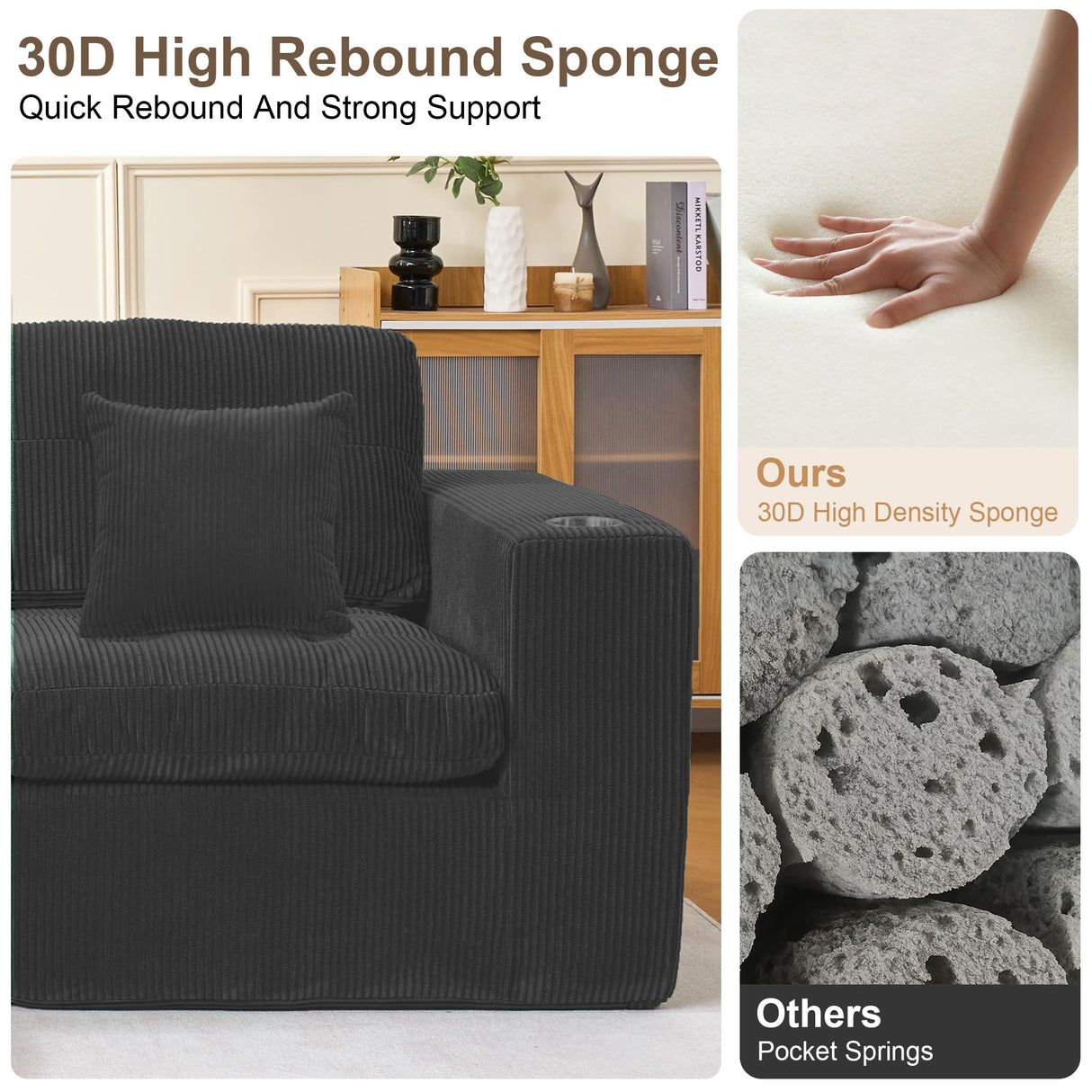 Hretanant Black L Shaped Modular Cloud Sectional Sofa, Comfy 3 Seater Sectional Couches for Living Room with Cup Holders, Modern L Shape Sofa Set for Living Room Bedroom, Black Hretanant