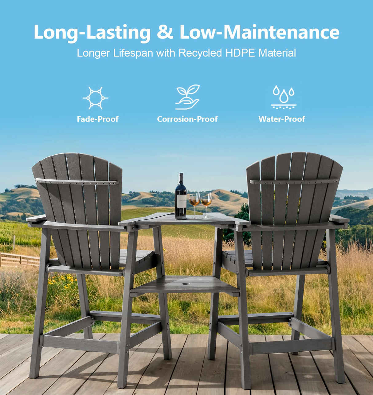 Tall Adirondack Chair Set of 2 with Removable Double Connecting Trays, Recycled HDPE with Wood Grain, Weather Resistant, Outdoor Adirondack Barstools for Deck, Balcony, Patio, Backyard, Light Gray PASAMIC
