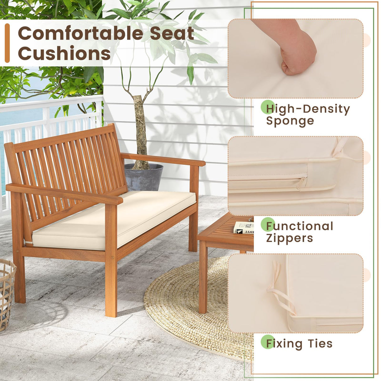 Tangkula 4 Piece Patio Wood Furniture Set, Acacia Wood Sofa Set w/Loveseat, 2 Chairs & Coffee Table, Soft Seat Cushions, Outdoor Wood Furniture Set for Porch, Yard, Balcony (Off White) Tangkula