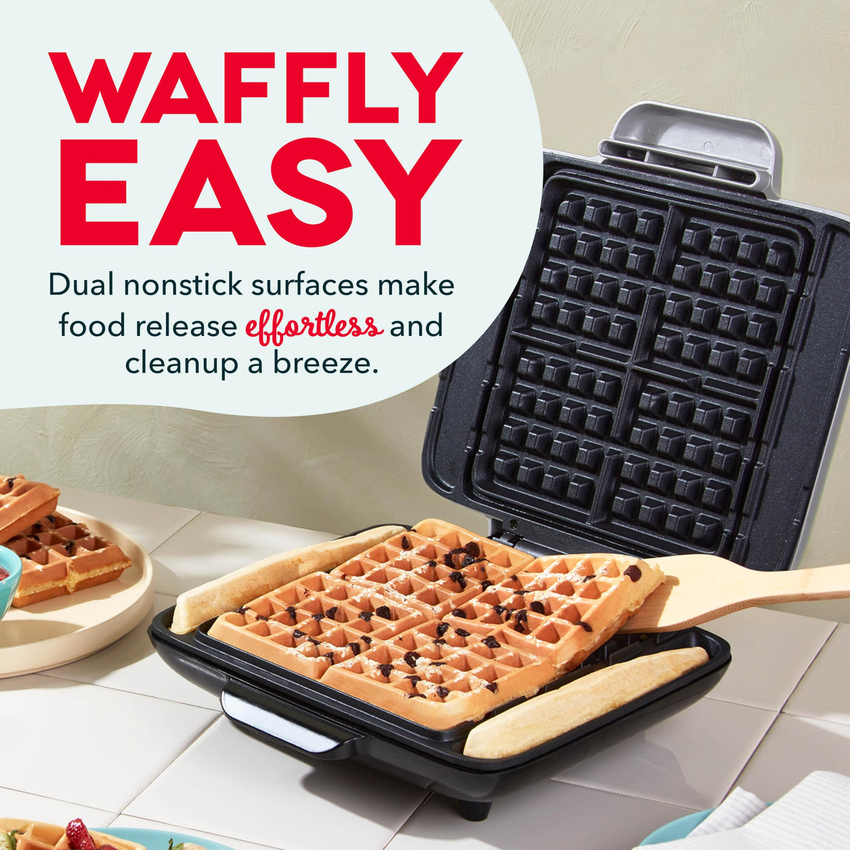 DASH No-Drip Waffle Maker - Four Waffle Molds, Nonstick Waffle Iron with Quick Heat-Up, Nonstick Surface - Perfect Waffle Maker for Kids and Families, Just Add Batter DASH