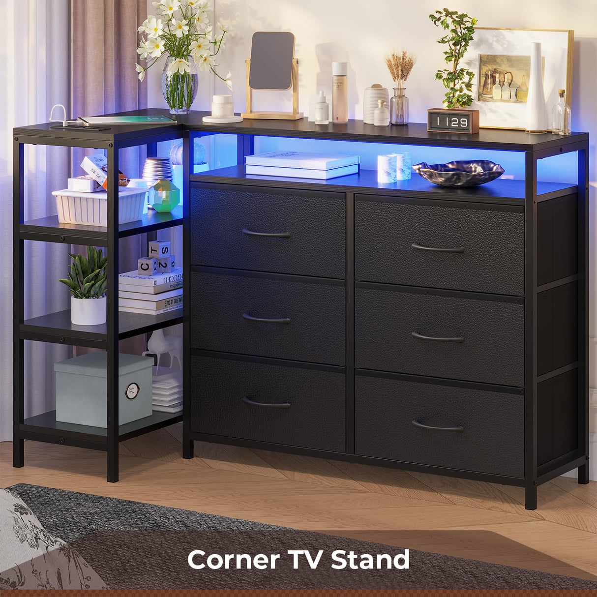 HAUOMS TV Stand for 60 Inch TV,Entertainment Center with Power Outlets and LED Lights,L Shaped Convertible Dresser with Open Shelf, 6 Drawers with PU Finish, for Living Room,Black HAUOMS