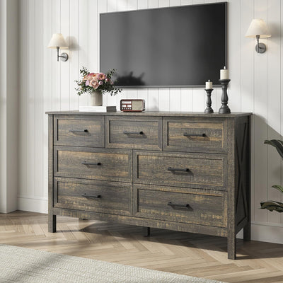 BAZELOR Farmhouse 7 Drawers Dresser for Bedroom, Wood Rustic Wide Chest with Natural Texture, Farmhouse Chest of Drawers for Bedroom, Hallway, Entryway, Dark Brown