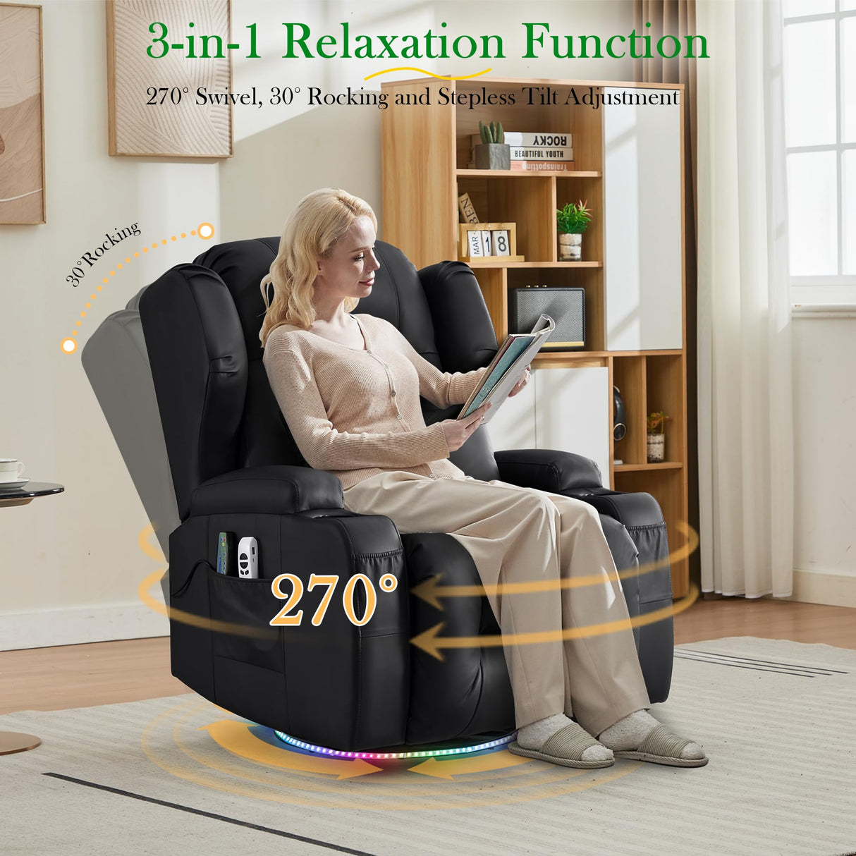 URRED Rocker Recliner Chair for Adults with Vibrating Massage and Heat, 270° Swivel Glider Rocking Chair Nursery Power Reclining Sofa with Ambient Lighting, Cup Holders, Faux Leather, Black URRED