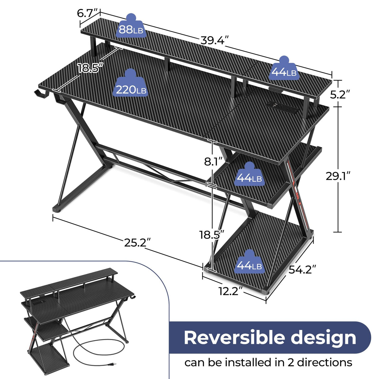 SEVEN WARRIOR Gaming Desk with LED Lights & Power Outlets, 39" Computer Desk with Monitor Stand & Storage Shelf, Gaming Table with Earphone Hook, Office Desk with Footrest, Carbon Fiber Black SEVEN WARRIOR