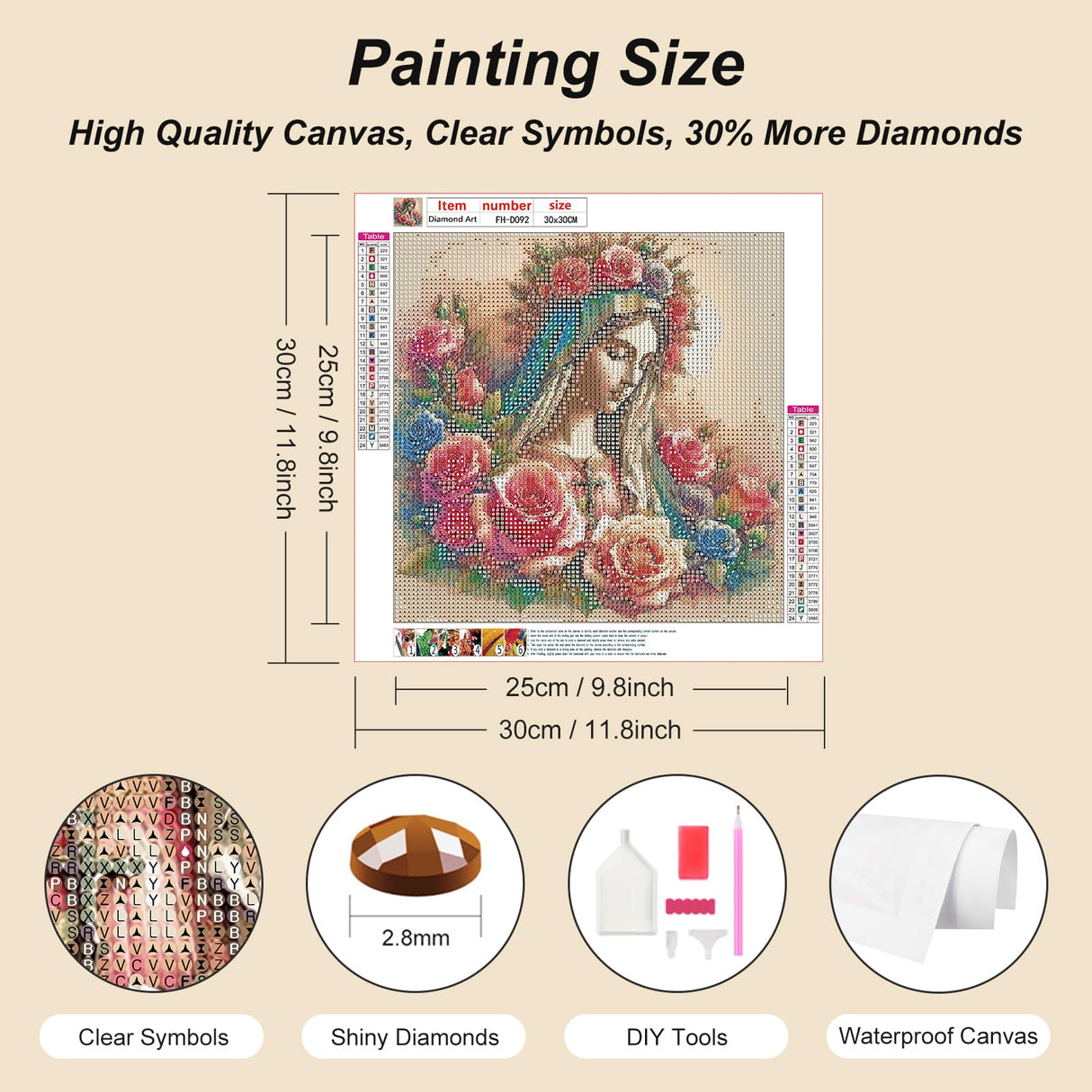 FHBUBPUP Virgin Mary Diamond Painting Kits for Adults, Flower Diamond Art Kits for Beginners, 5D DIY Full Drill Round Gem Art, Paint with Diamond Beads Craft Christmas Home Wall Decor 12x12 inch FHBUBPUP