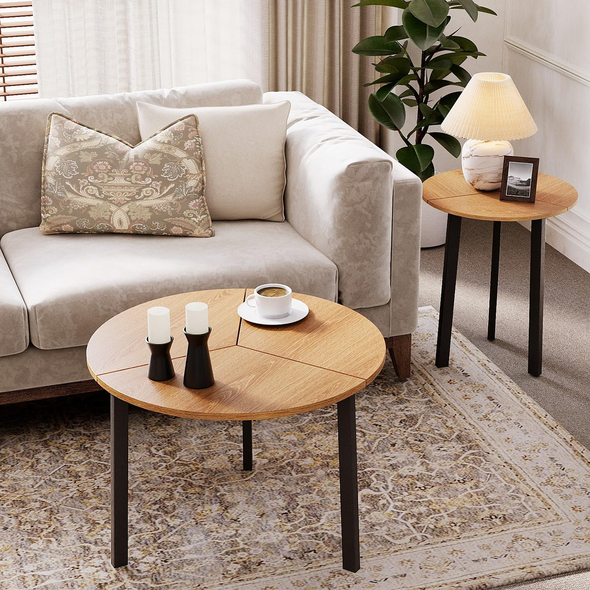 HOMPUS Modern Round Coffee Table, 23.6'' Small Nesting Coffee Table Set of 2, Accent Wood Coffee Tables, Nested Table for Living Room, Bedroom (Original Wood) HOMPUS