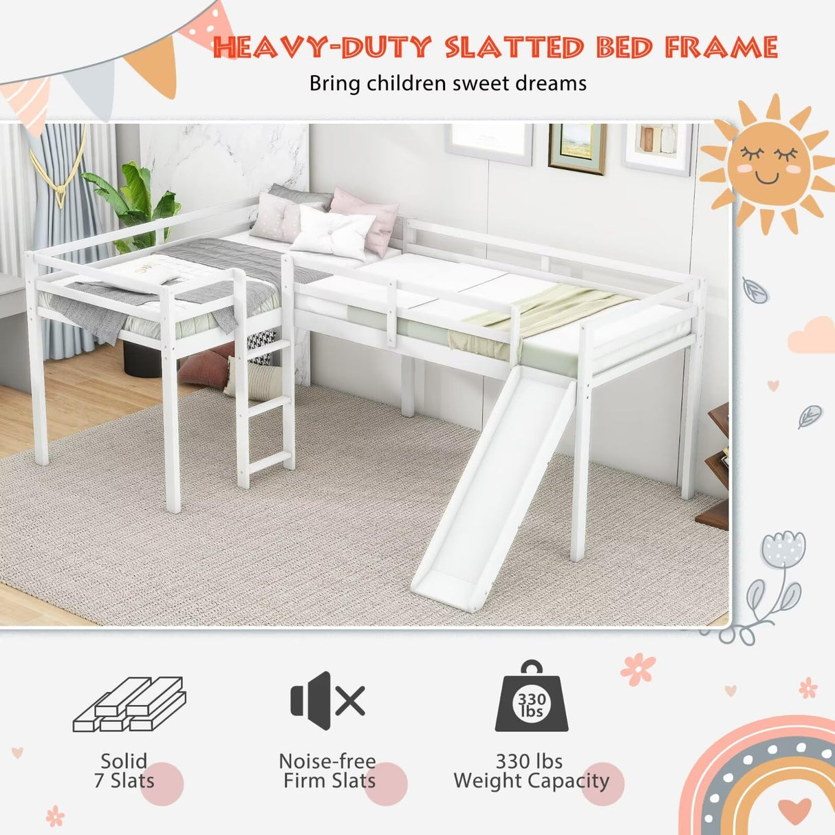 Merax Wooden Twin Size Double Loft Bed with Slide and Ladder, L-Shaped Bed Frame with Full-Length Guardrail, Wood Bedframe for Kids Teens Adults Bedroom, 2 Twin Beds,White Merax