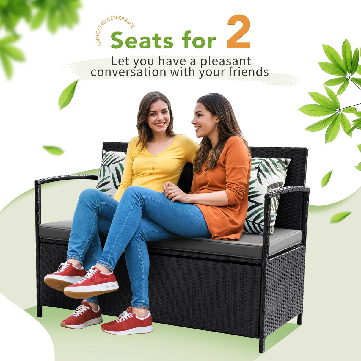 Greesum Patio Loveseat PE Rattan Wicker Outdoor Furniture with Soft Cushions & Built-in Storage Space for Lawn Garden Backyard, Black Greesum