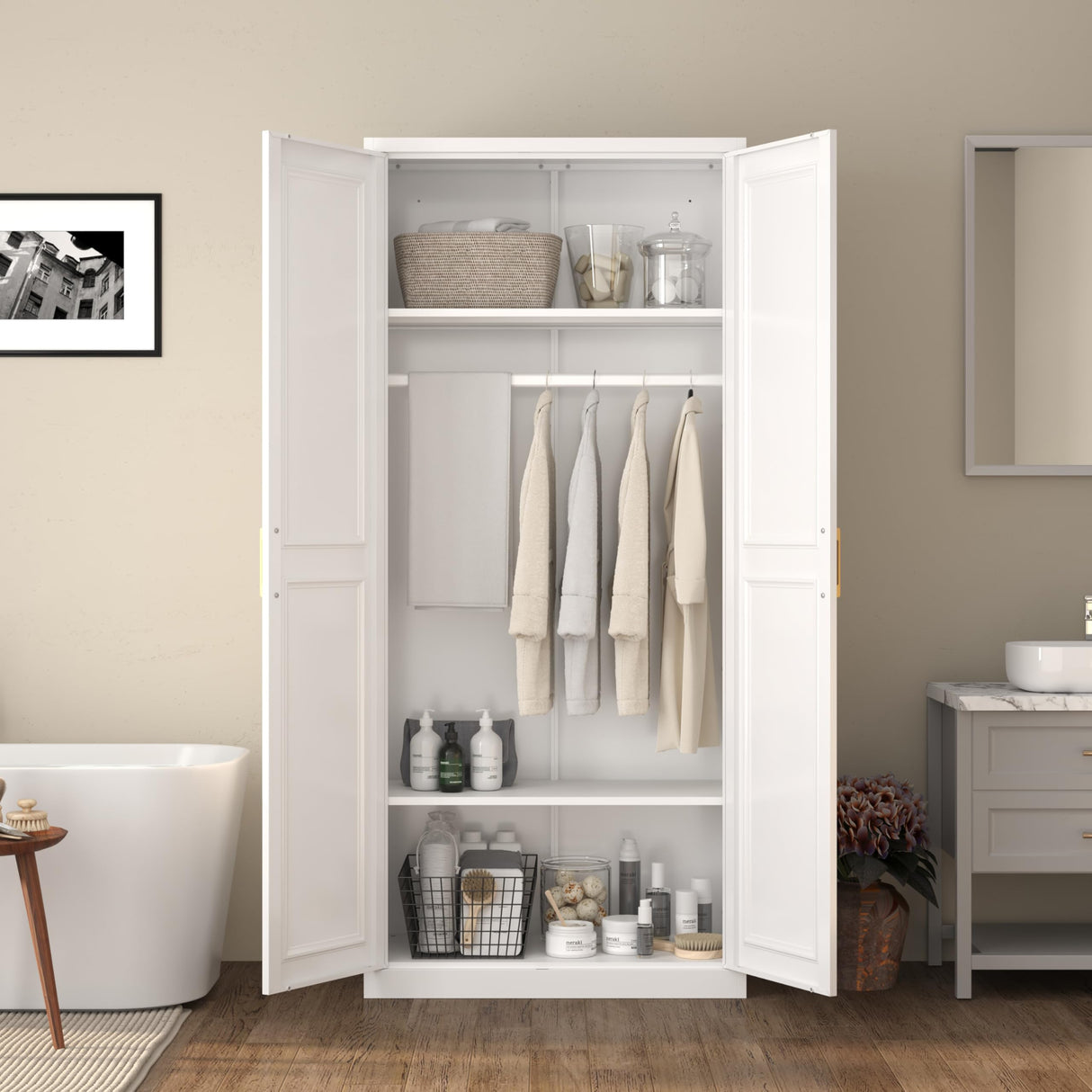 TIMELESS PIECES Metal Wardrobe Cabinets,Armoire Wardrobe Closet with Hanging Rod,Clothes Storage Cabinet with Adjustable Shelves and Doors, Clothing Cabinet for Bedroom, Office, Laundry Room TIMELESS PIECES