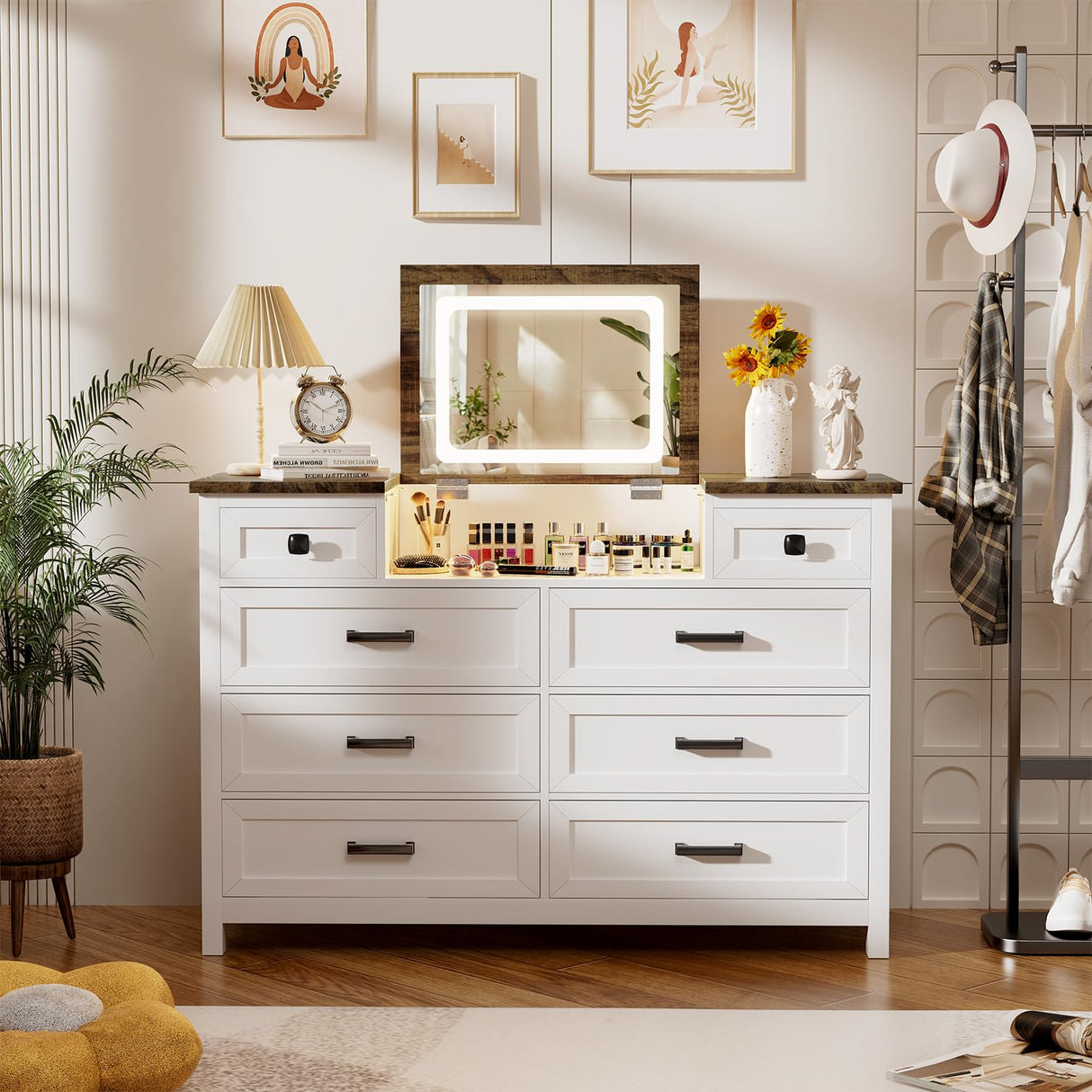 BROTTAR Dresser with Mirror for Bedroom, Chest of Drawers with LED Mirror, 8 Drawer Dresser with Charging Station, White Kids Dressers, Farmhouse Makeup Vanity with Storage for Bedroom BROTTAR