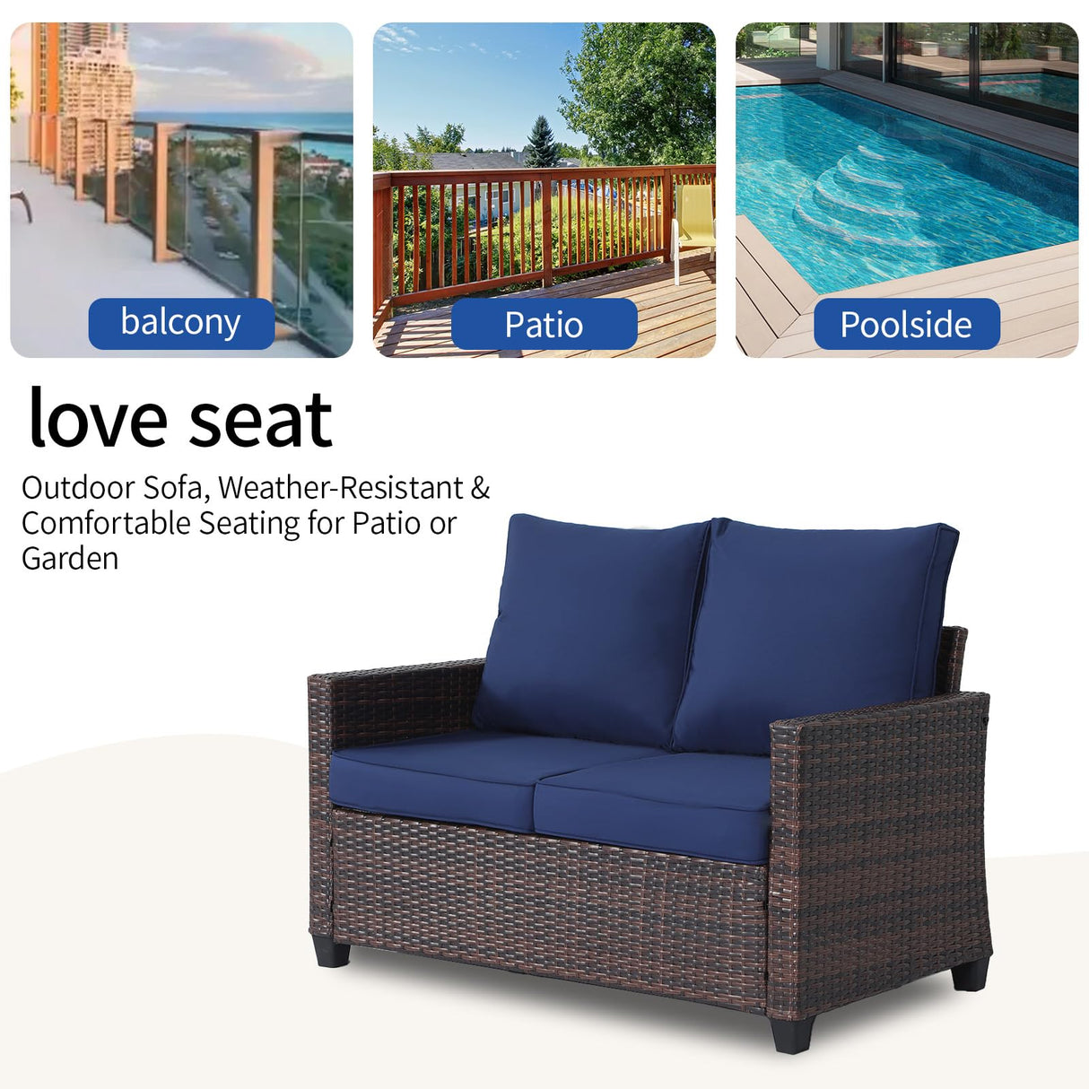EortheX Outdoor Patio Loveseat,All-Weather Wicker Loveseat with Cushions – Rattan Outdoor 2 Person Sofa Furniture for Garden, Balcony, and Deck,Sectional Patio Love seat Sofa Set - Blue EortheX outdoor fancy