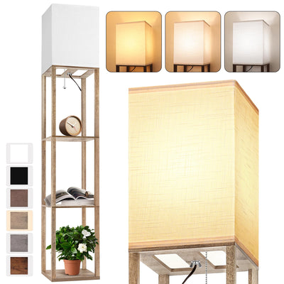 Floor Lamp with Shelves for Living Room Natural Wood, Shelf Floor Lamp with 3 CCT LED Bulb, Corner Display Standing Column Lamp Etagere Organizer Tower Nightstand with White Linen Shade for Bedroom