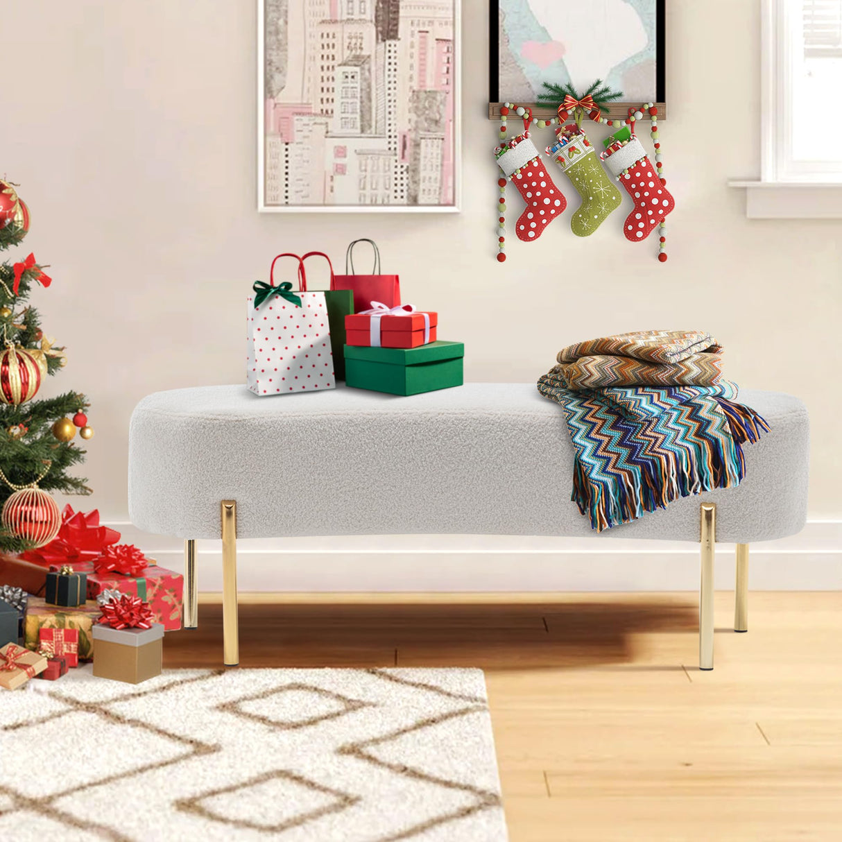 ALISH Upholstered Bench Modern Ottoman Bench Bed Bench Entryway Bench with Gold Legs for Living Room, Bedroom White ALISH