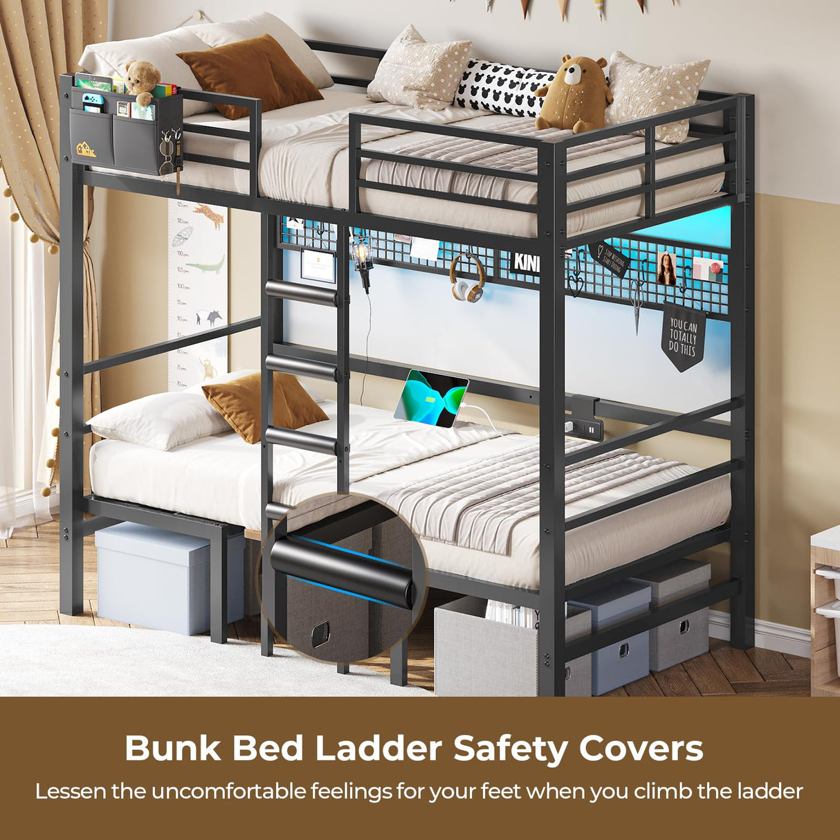 DICTAC Twin Over Twin Bunk Bed with Led Lights and Charging Station Convertible Loft Bed Twin Size with Desk and Seat Metal Bunk Bed with Desk & Safety Guard and Stair,Black(Cushion not Included) DICTAC