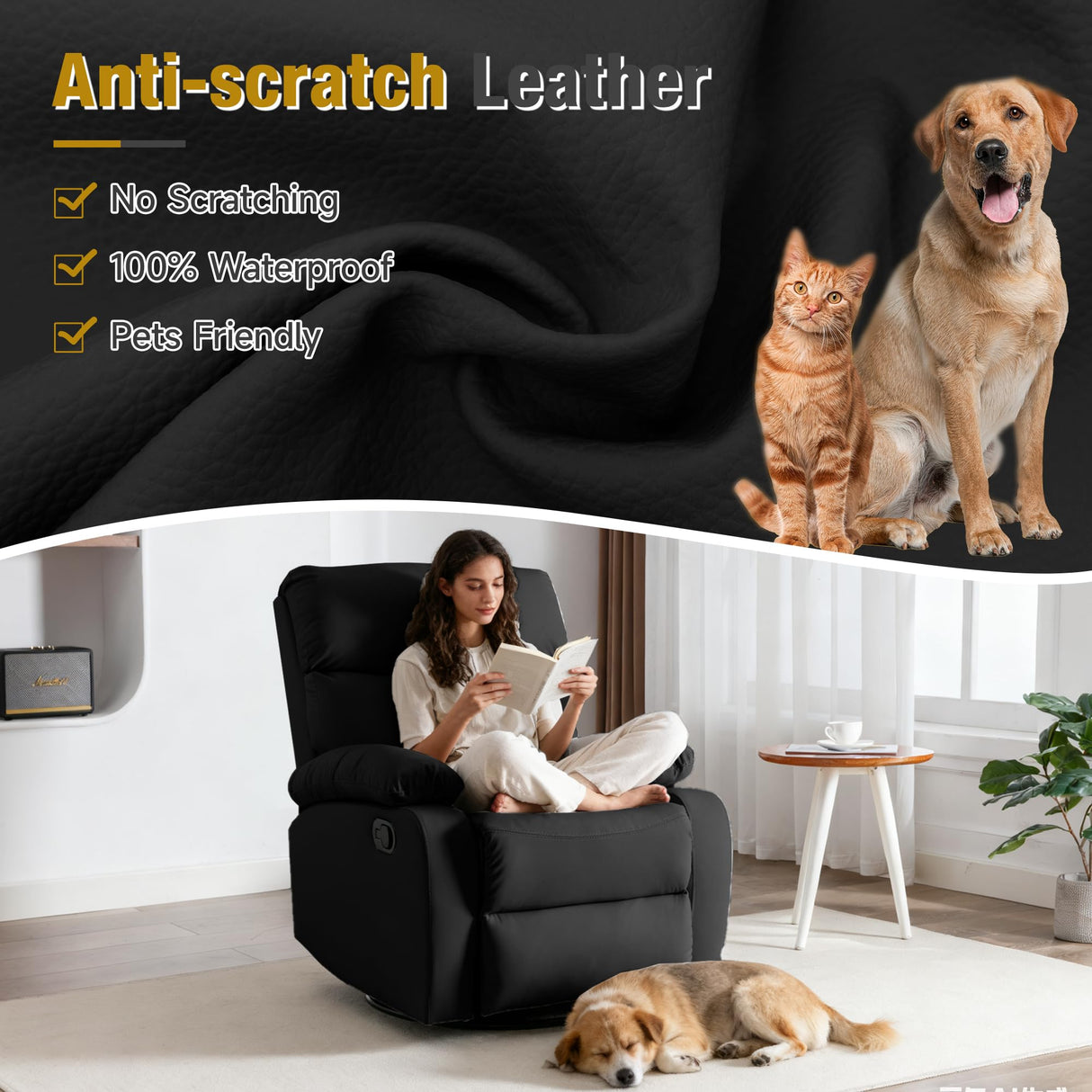 GNMLP2020 Rocking Recliner, 360° Swivel Recliner Chairs for Adults, Small Rocker Recliners for Small Spaces, Living Room, Bedroom, Nursery, RV, Black GNMLP2020