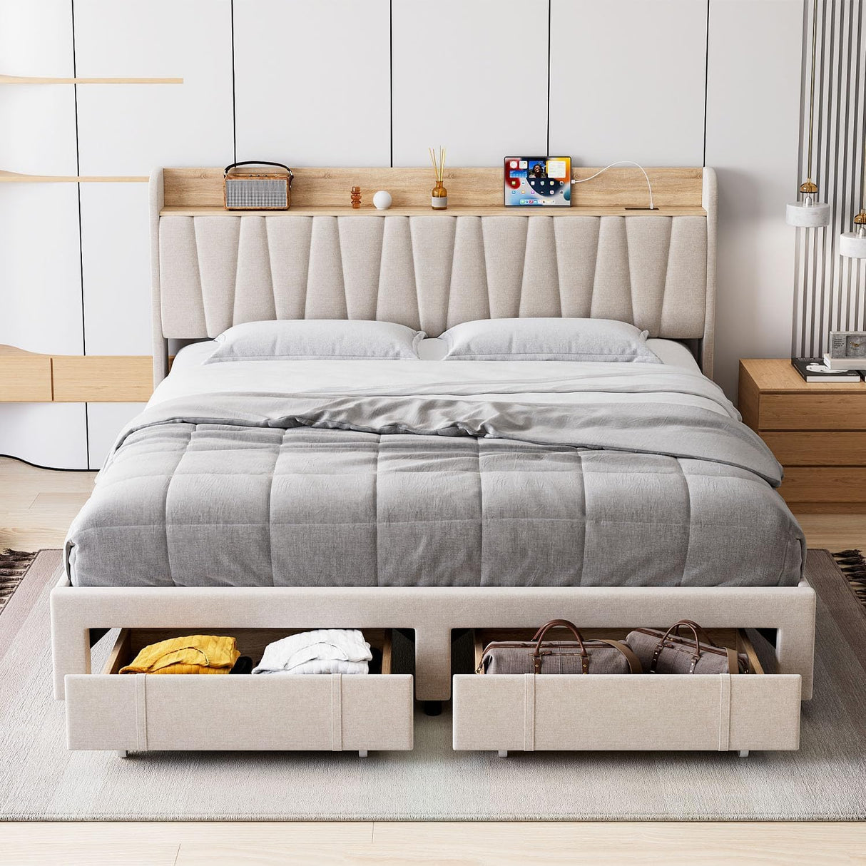GarveeHome King Size Bed Frame with Storage Headboard, Upholstered Platform Beds with Drawers, Charging Station, Noise-Free, No Box Spring Needed, Easy Assembly, Beige GarveeHome
