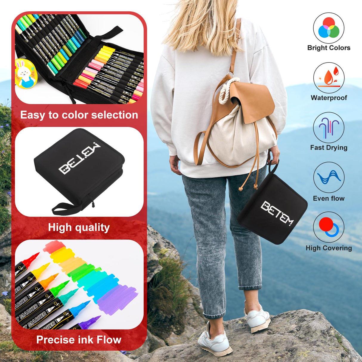 Betem 48 Colors Paint Markers Acrylic Paint Pens, Dual Tip with Brush Tip and Fine Tip, Art Supplies for Rock Painting, Wood, Canvas, Stone, Glass, Ceramic, DIY Crafts Making Drawing Kit with Bag Betem