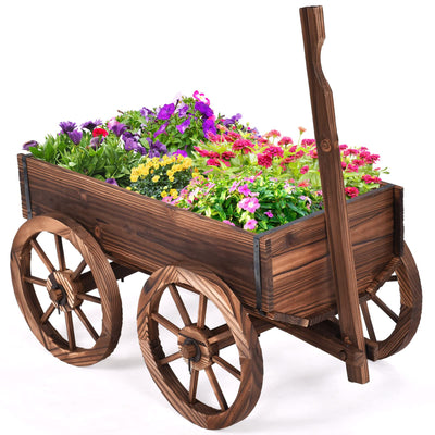S AFSTAR Wooden Wagon, Wood Flower Planter Pot Stand with 4 Wheels & Drainage Holes, Amish Wagon Planter, Rolling Pot Stand Wood Wagon for Outdoor Plants Garden Decorative Garden Planter, Brown