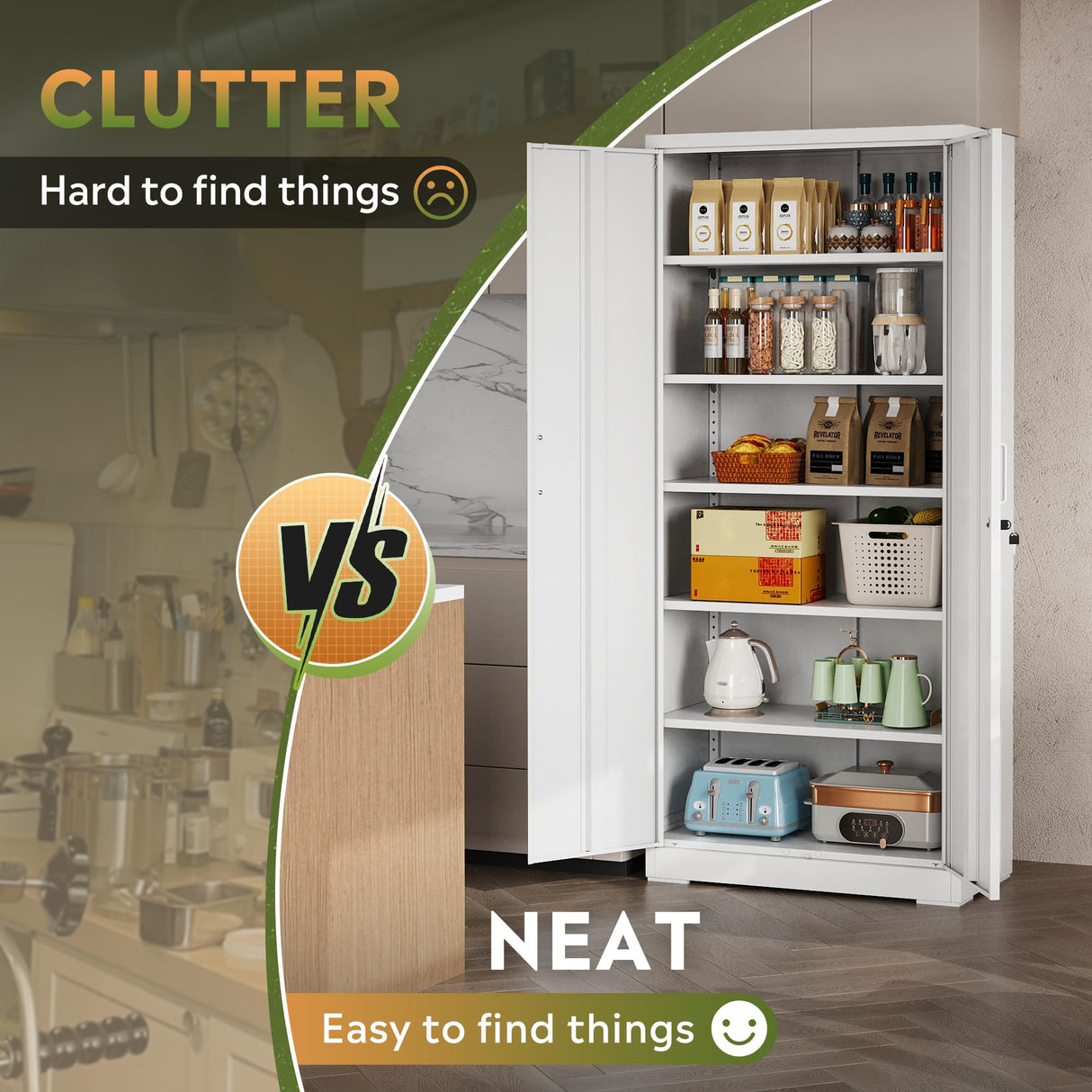 DEVAISE Garage Storage Cabinet, Metal Storage Cabinet with 2 Doors and 5 Adjustable Shelves, 71'' Lockable Steel File Cabinet, White Storage Cabinet for Home, Office, Garage, Shool, Gym DEVAISE