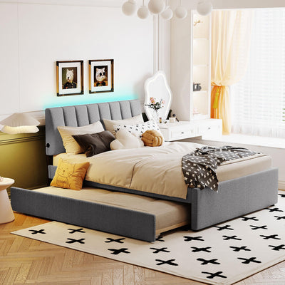 Harper & Bright Designs Full Size Upholstered Platform Bed with Twin Size Trundle, Teddy Fleece LED Platform Bed Wood Frame with Headboard, No Box Spring Needed - Gray